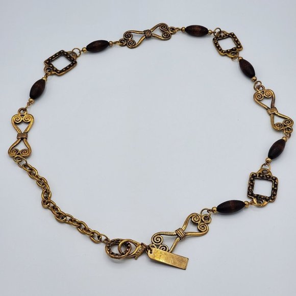 Gold-tone Bow Geometrical Linked Wooden Bead Belt Vintage - Picture 1 of 6